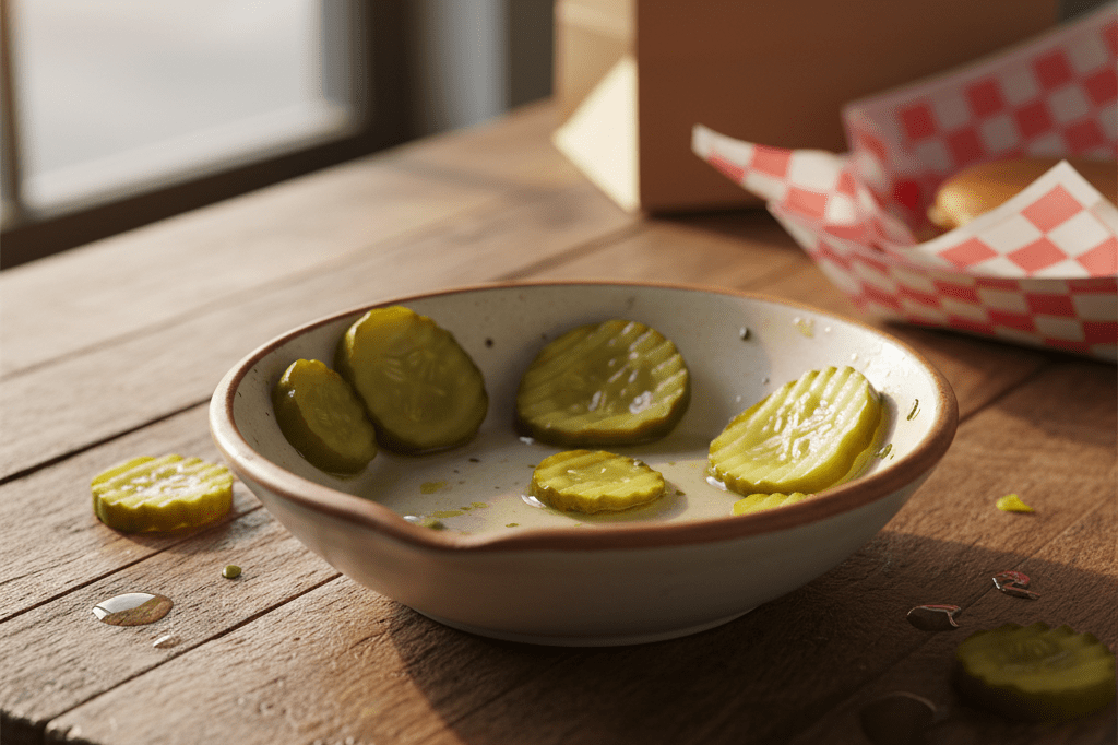 Detailed image of a half-eaten pickle dish with rustic background and ambient lighting, suggesting limited-time food offer excitement