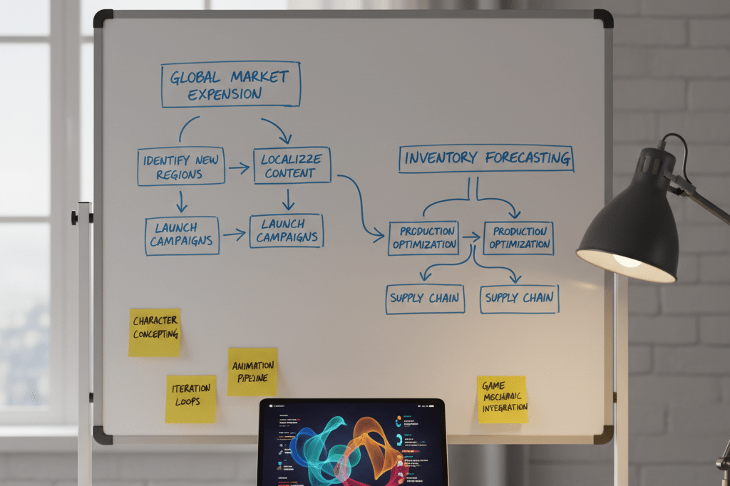 Modern office desk with whiteboard strategies and data tablets showing product launch planning under natural light