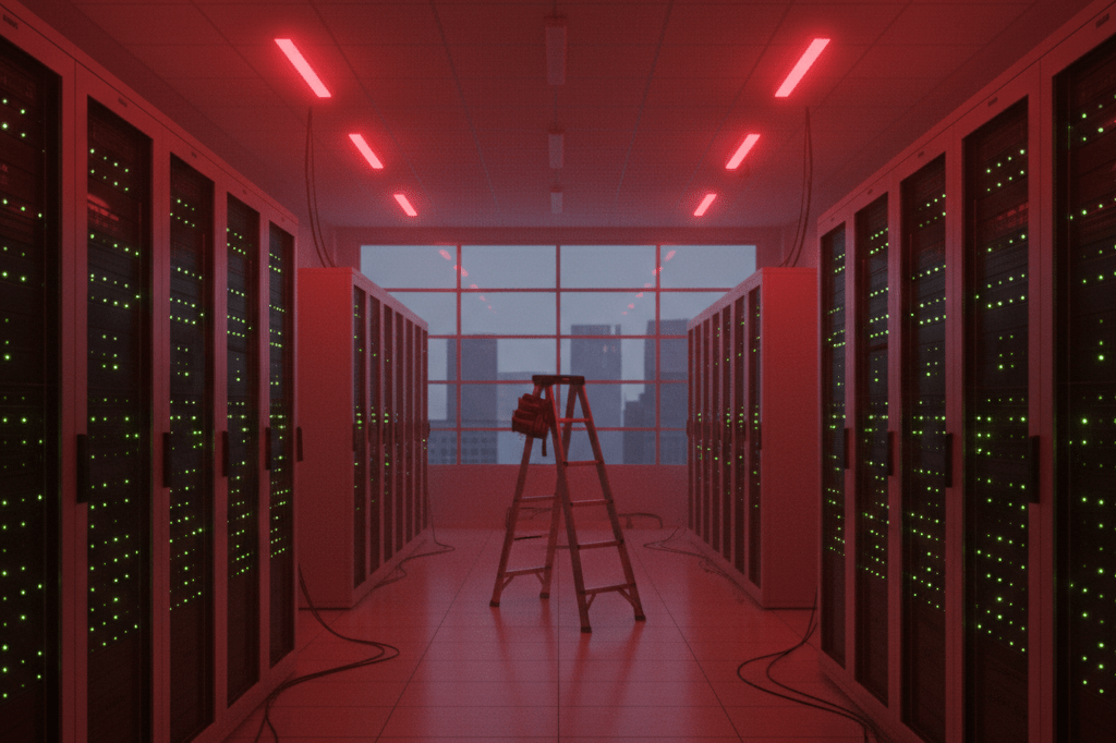Dimly lit server racks with blinking LEDs and emergency red lights highlighting technological fragility