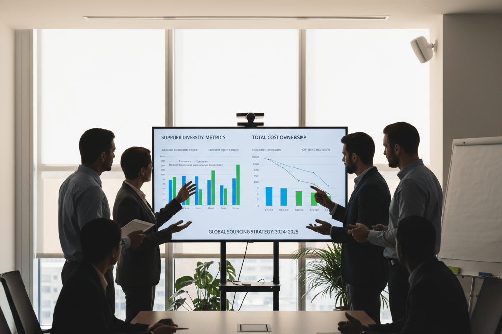 Diverse procurement team analyzing gender equity metrics in modern office Team reviewing supplier diversity charts on screen, symbolizing ethical sourcing and gender equity in global business