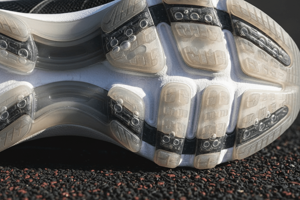 Detailed view of advanced sneaker cushioning system under natural lighting, highlighting liquid suspension elements and air chambers