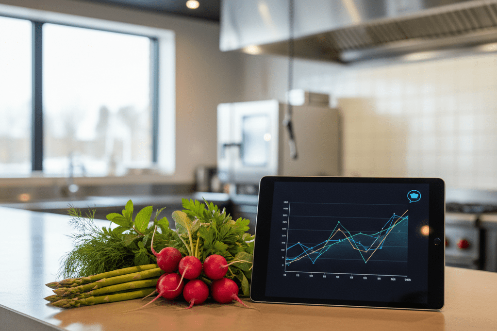 Spring vegetables and a tablet showing data graphs on a kitchen counter under natural light