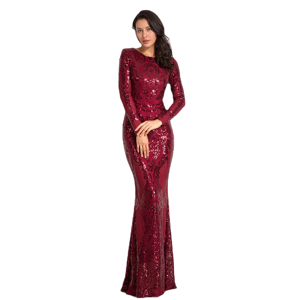 Женское вечернее платье, бордовое облегающее платье с длинным рукавом и круглым вырезом, с блестками