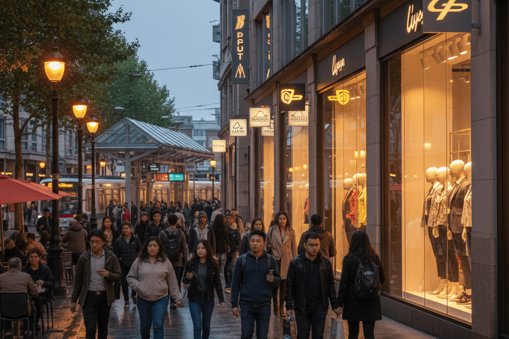 Bustling urban retail area with storefronts and pedestrians illuminated by ambient lighting, reflecting positive economic impact of public transport initiatives