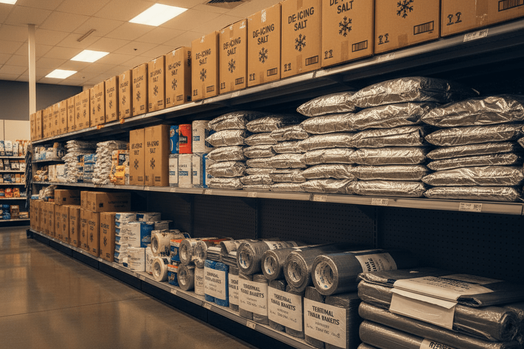 Store aisle filled with de-icing salt and thermal blankets under warm lights, ready for storm
