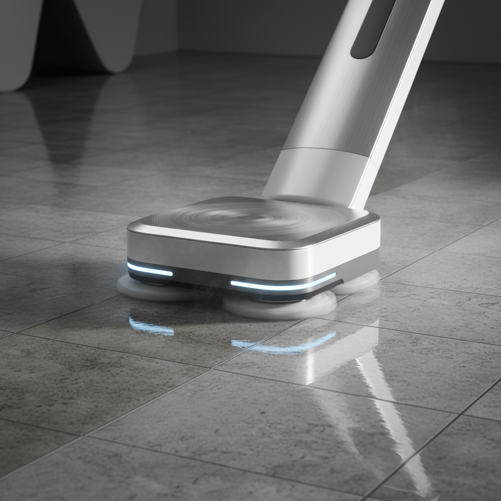 Sleek futuristic tile scrubber cleans with thousands of orbital motions.