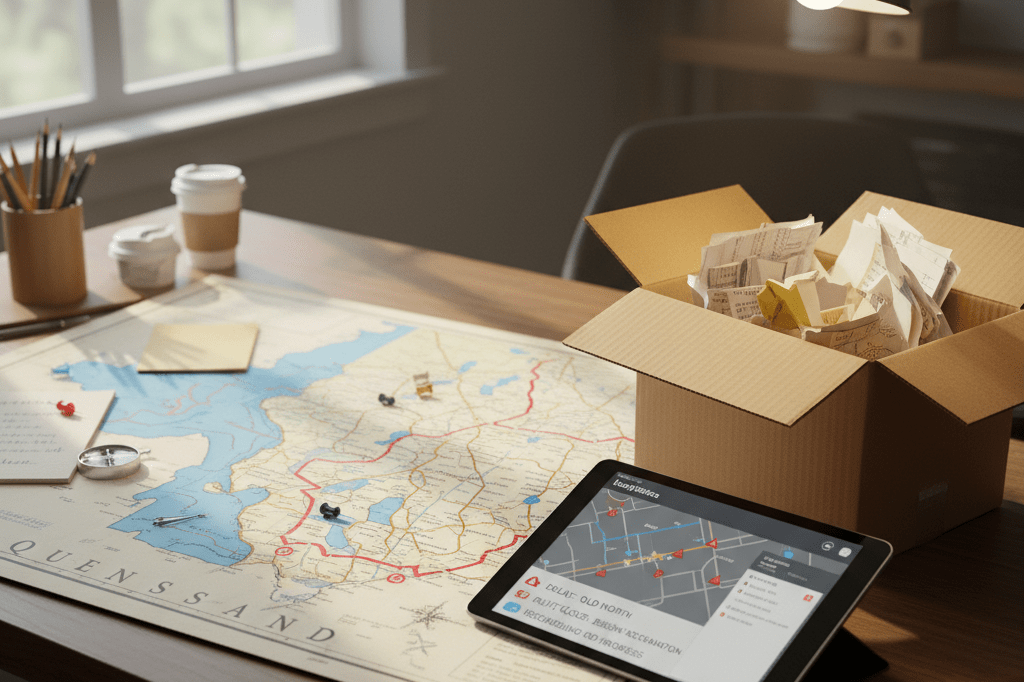 Office desk with flood map and inventory lists showing supply chain disruption strategies