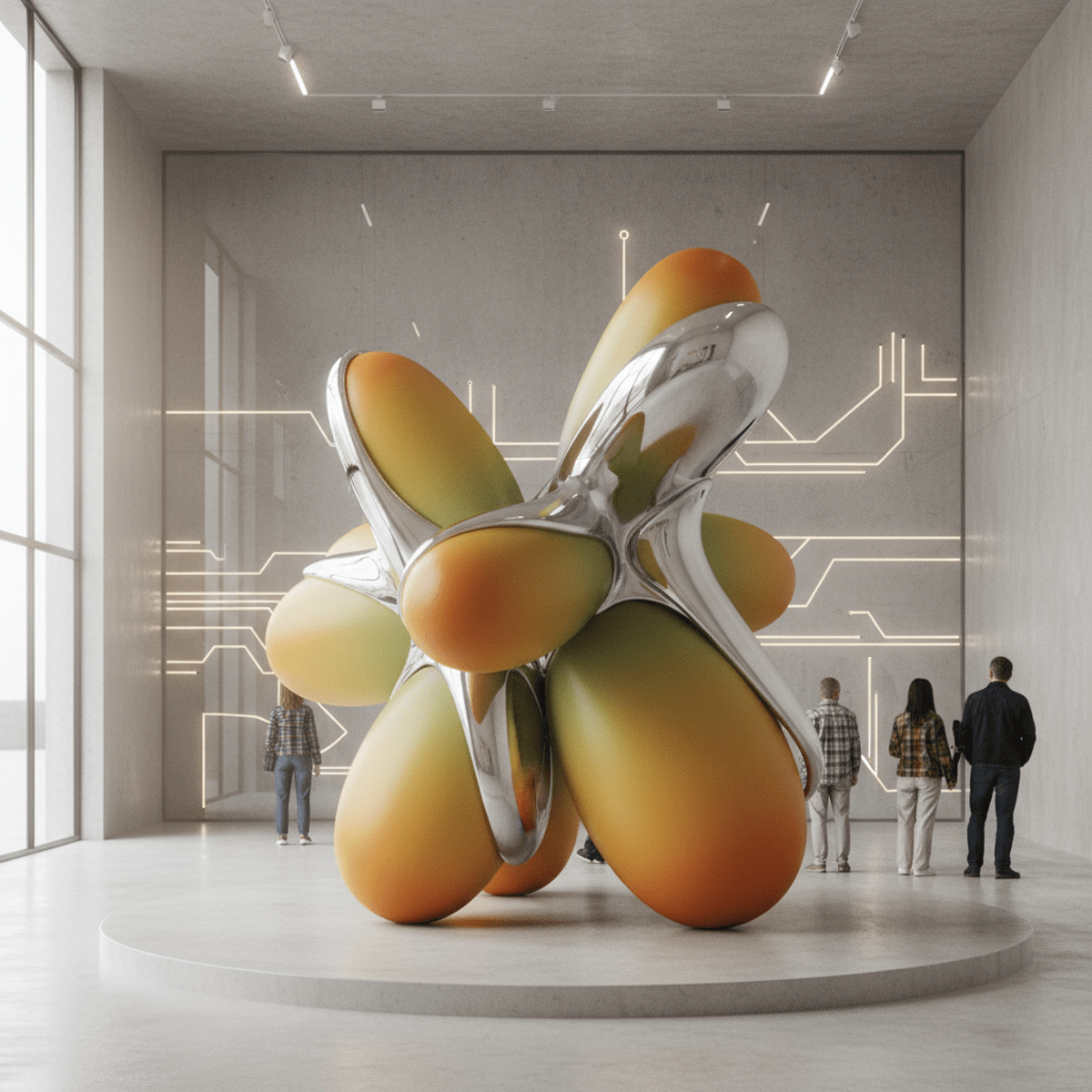 Abstract art inspired by retro-futurism with flowing curves and gradients in a minimalist gallery.