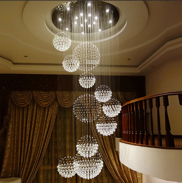Modern long staircase lighting fixture luxury fiber optic spiral raindrop crystal ceiling chandeliers and lamps