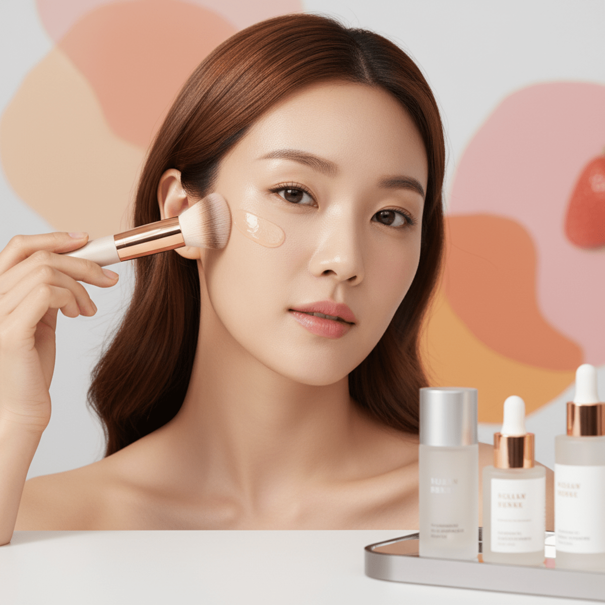 Elegant woman applies gel serum foundation with brush, showcasing radiant, elastic skin.