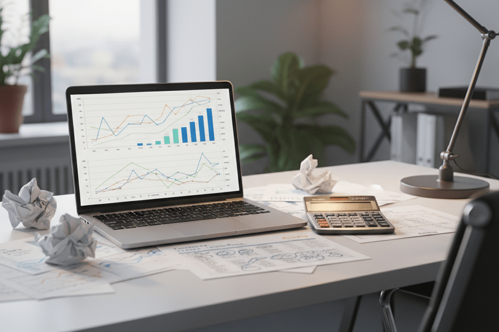 Office desk with spreadsheets and calculator under natural light, symbolizing retail wage strategy impact