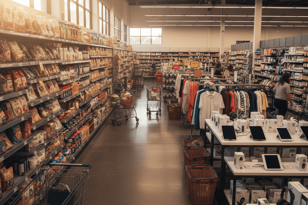 Interior of an Australian retail store with stocked shelves and shopping carts under natural and ambient lighting, symbolizing heightened consumer activity.