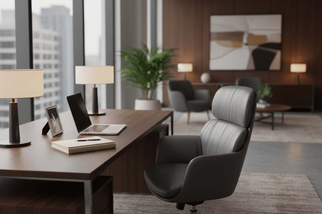 Empty executive office with subtle signs of change under natural light, symbolizing organizational succession planning