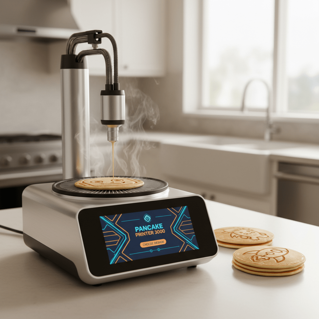Futuristic pancake machine printing cartoon characters on a modern kitchen counter.