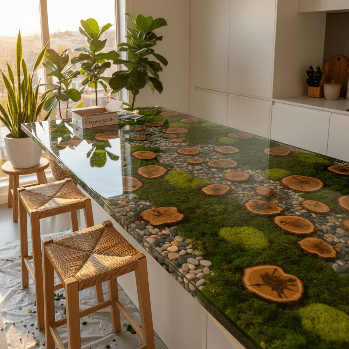 Modern kitchen countertop with embedded moss, stones, and wood slices in clear resin.