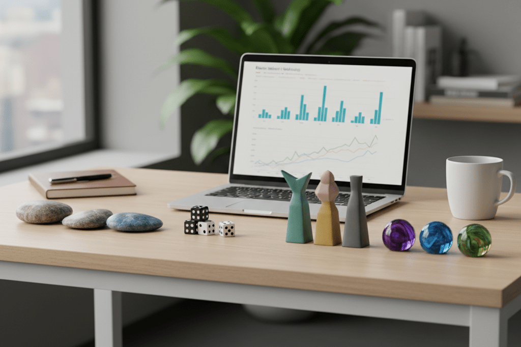 Modern desk with organized groups of objects symbolizing structured approaches to product segmentation and data relationships