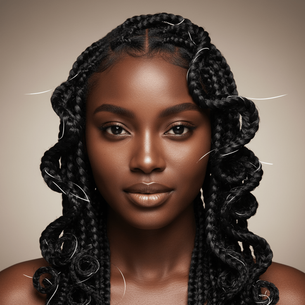 Model with glossy, high-shine box braids reflecting soft studio light.