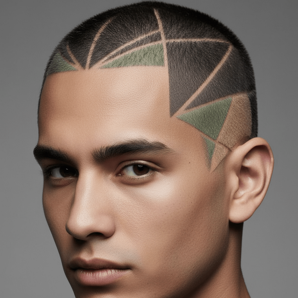 Male model with a sharp geometric buzz cut and muted color-blocked hair sections.