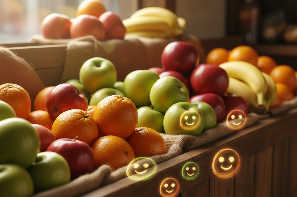 Colorful fruits displayed vibrantly with soft illustrations suggesting character engagement in natural lighting