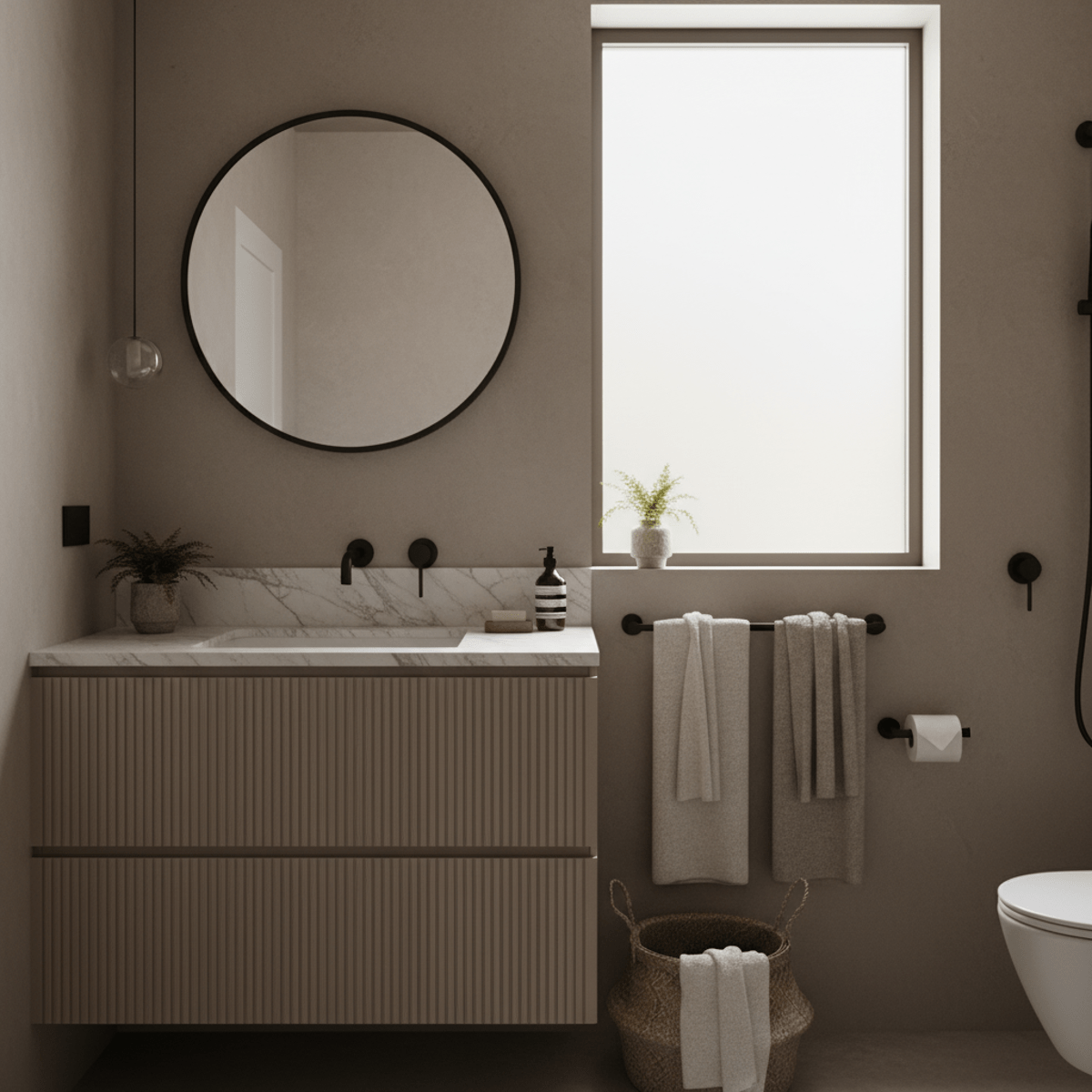 Serene bathroom with mushroom and greige tones, fluted wood vanity, and linen towels.