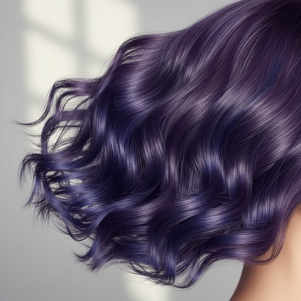 Close-up of freshly colored hair with acai purple and blueberry blue waves and avocado oil sheen.