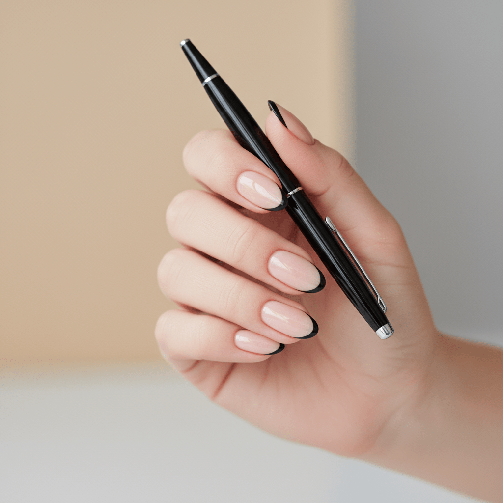 Minimalist black micro-French tip manicure on natural nails, holding a sleek pen.