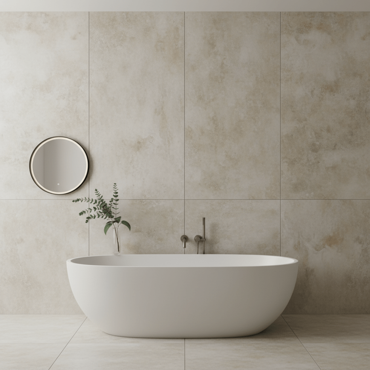 Serene spa-like bathroom with continuous micro-cement wall panels. Modern bathroom with large-format micro-cement wall panels and a smooth stone-like texture.