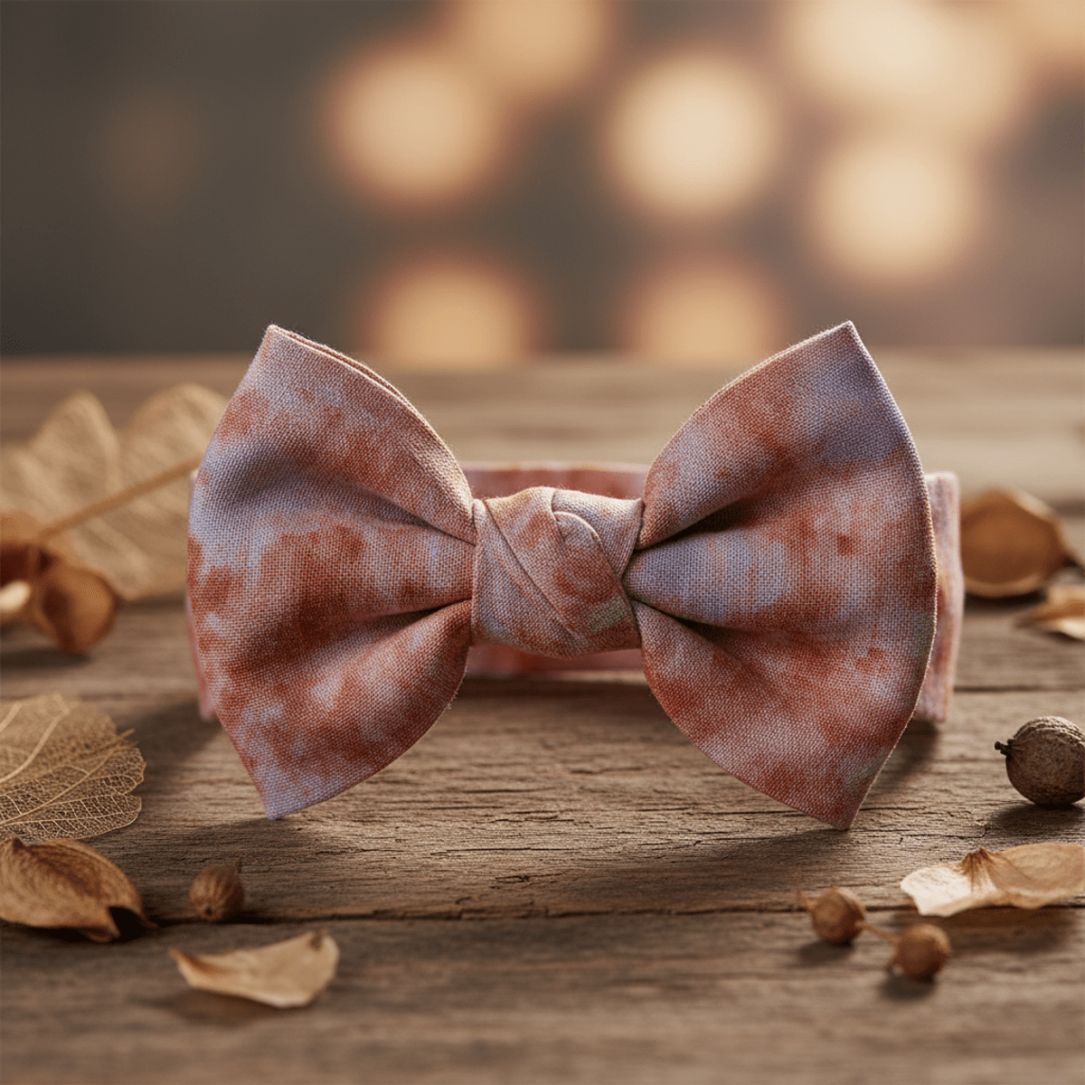 Dusty rose hemp and recycled satin bow with botanicals on wood.