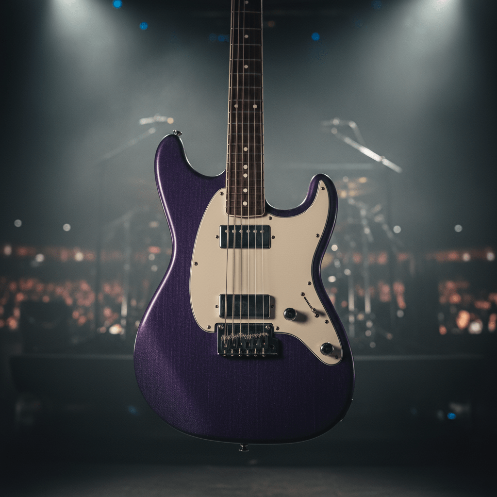 Sleek purple offset guitar with indigo denim satin finish on a live stage.