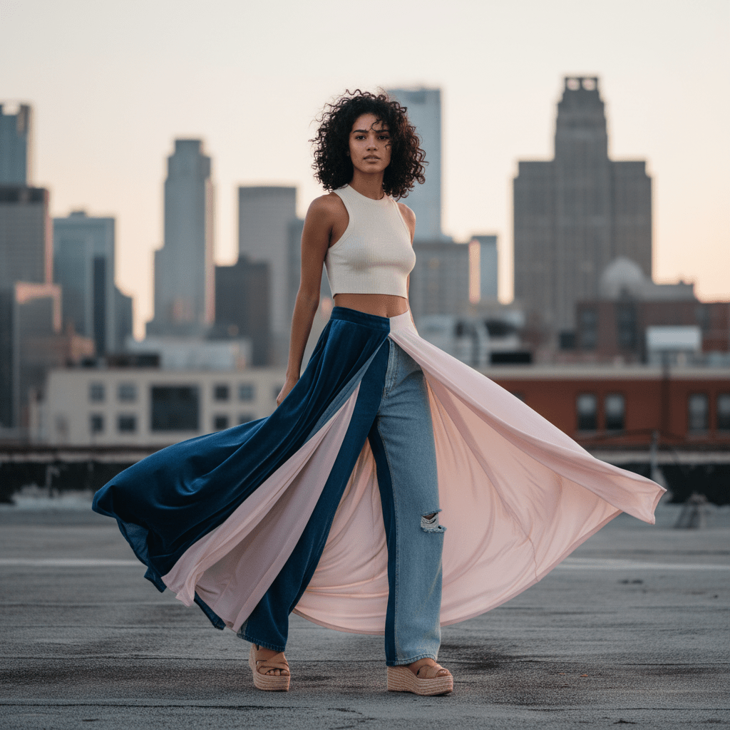 Model in flowing palazzo pants on a rooftop with urban skyline.