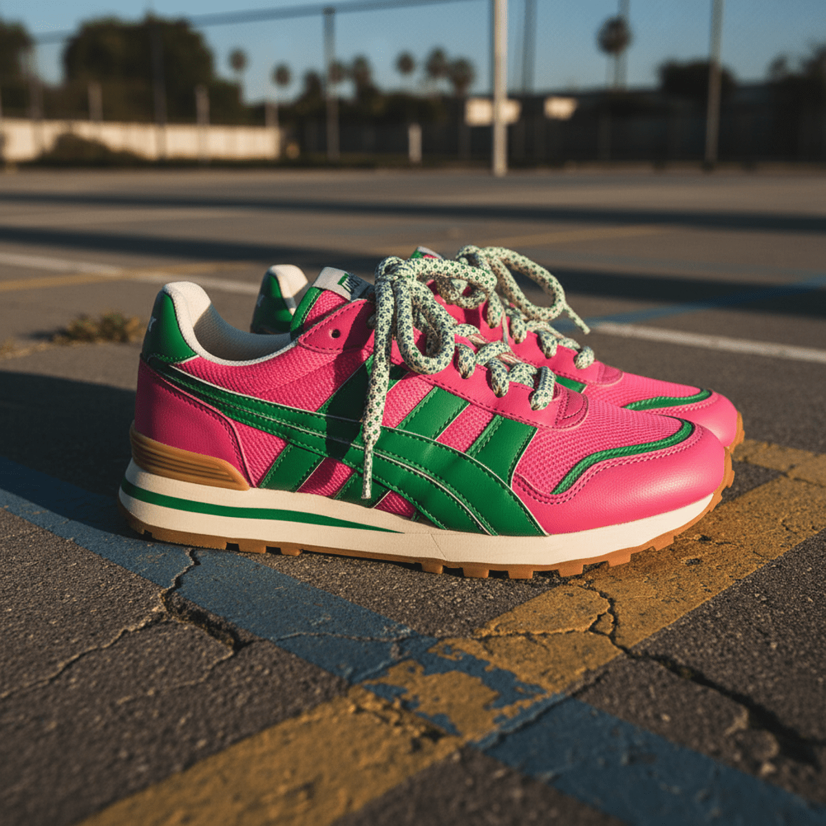 Retro runner sneakers with bold stripes on a faded 90s basketball court.
