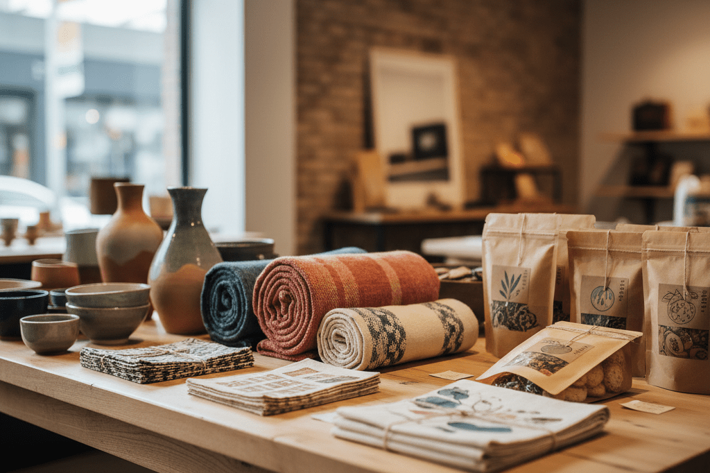 Retail display of handmade goods from women-owned businesses under warm ambient light representing economic justice