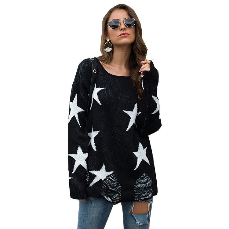 Женщины пятиконечная звезда печатных трикотажные o-образным вырезом свитер сломанной отверстие свитер