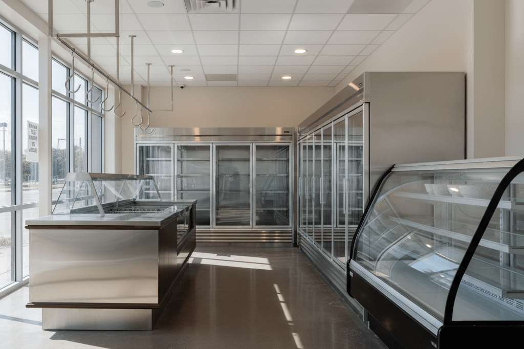 Quiet empty premium market with stainless steel counters and bakery cases under soft natural light