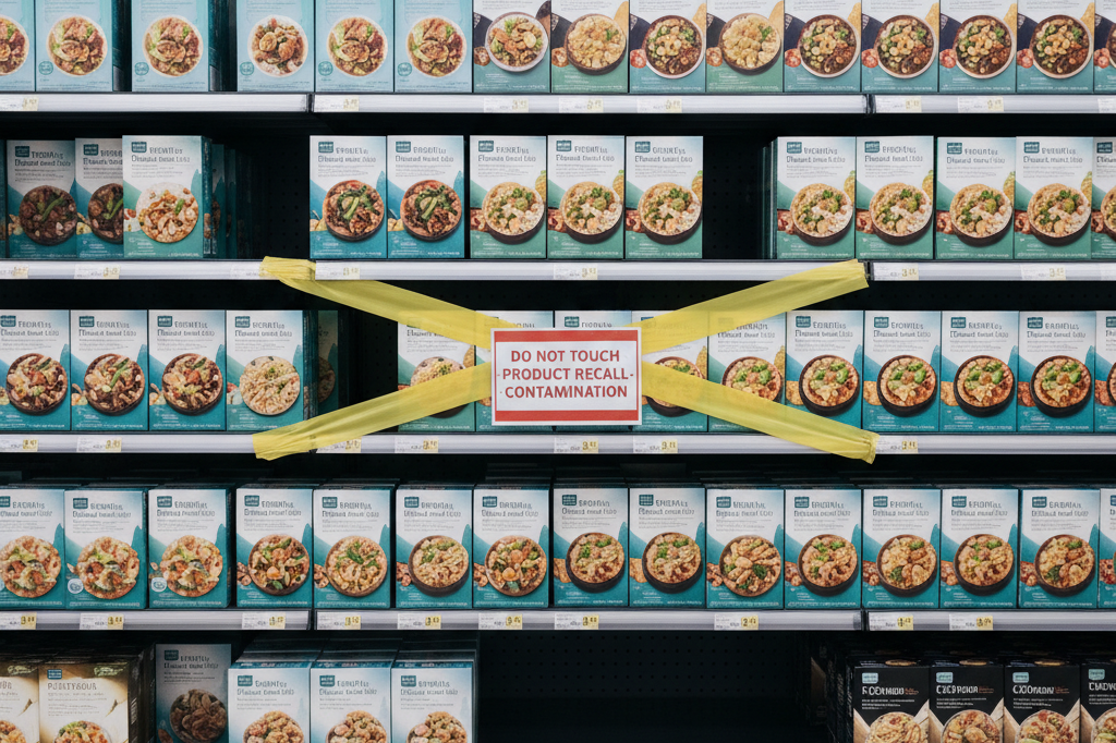 Frozen food aisle with recalled items cordoned off for safety Grocery store aisle showing frozen meals under recall with caution tape and no people present