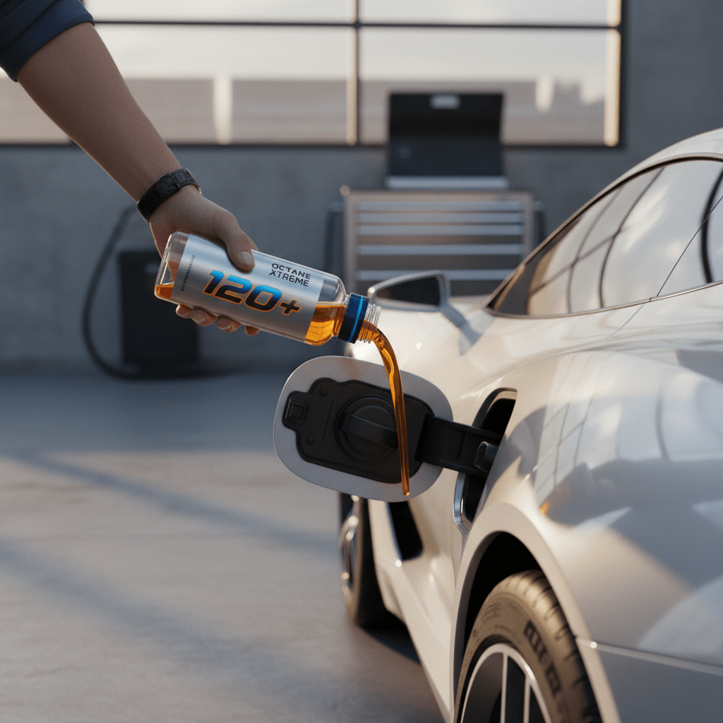 Golden hour sunlight illuminates metallic octane booster being poured into a car fuel tank.