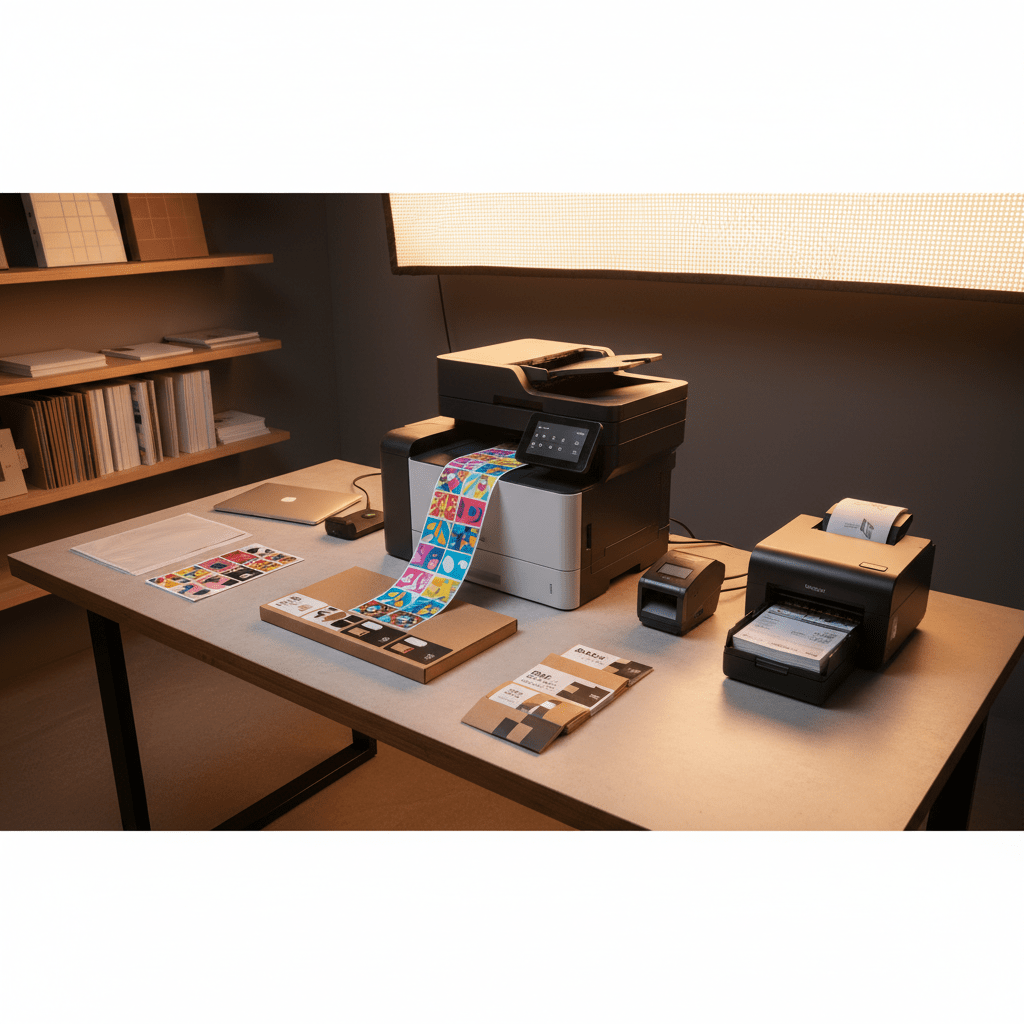 Contemporary workspace with a printer creating marketing stickers and product labels.
