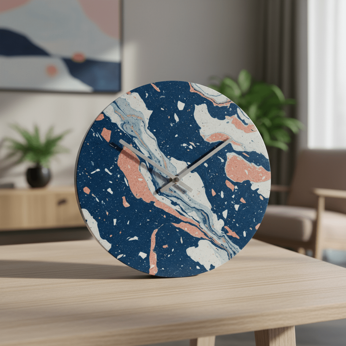 Circular clock made from recycled ocean plastic with terrazzo-like swirls.