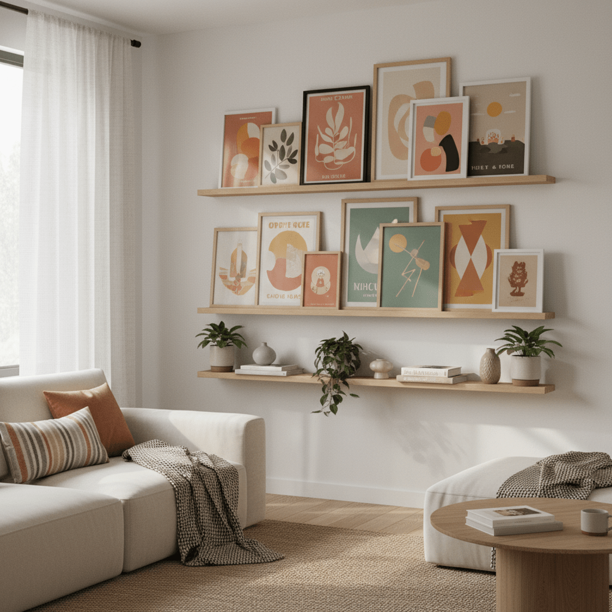 Eclectic posters leaned on floating ledges in a cozy living room with diffused daylight.
