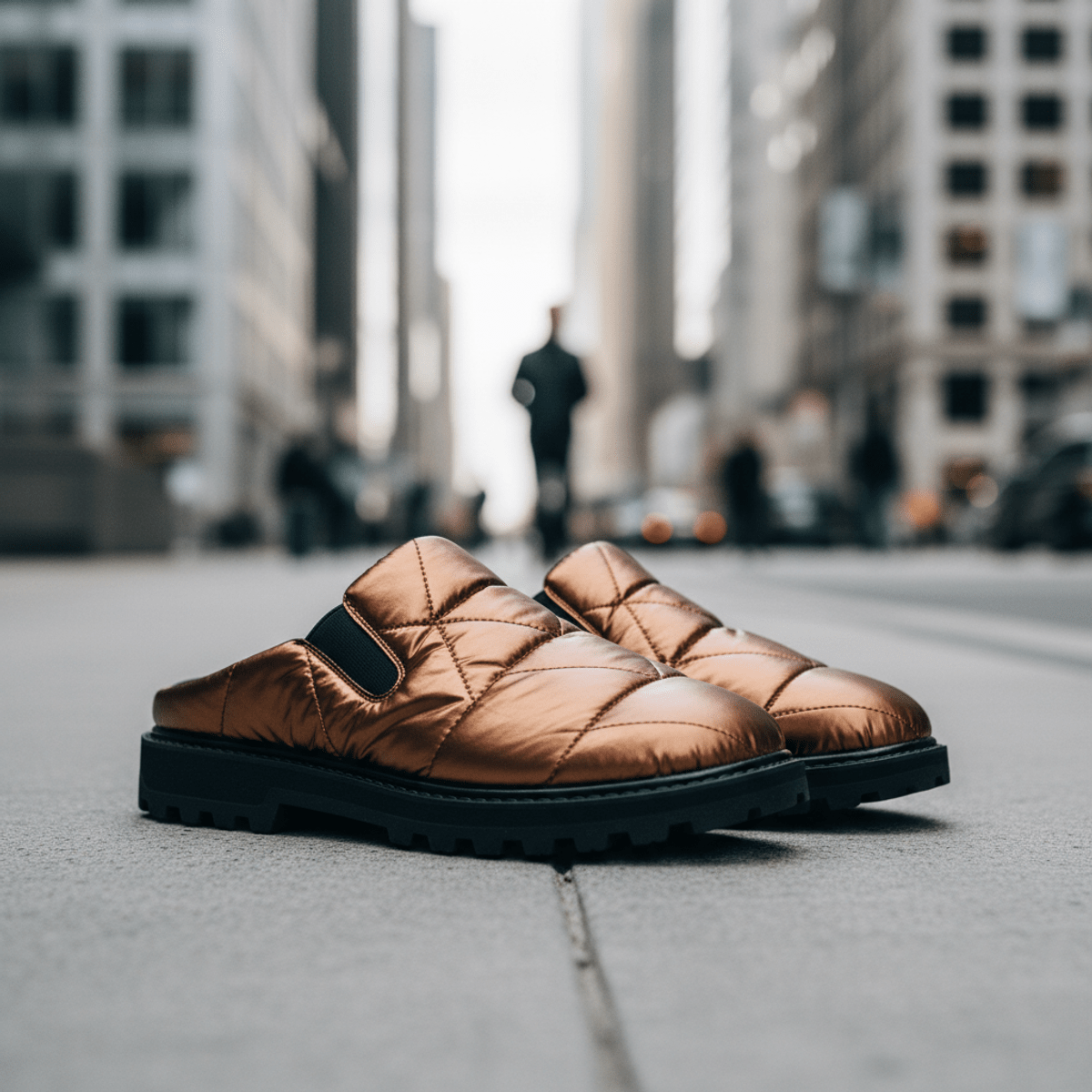 Shiny metallic bronze puffer mules with quilted nylon and rubber soles on a city street.