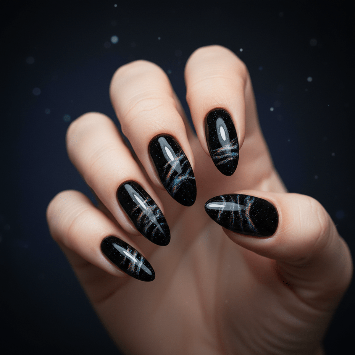 Close-up of glossy black almond nails with magnetic cosmic cat-eye effect.