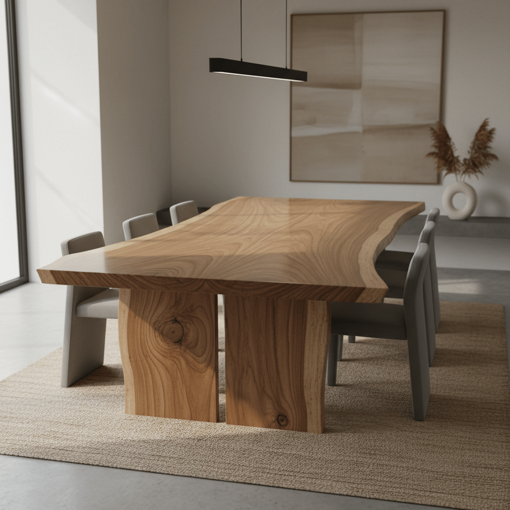 Live-edge hardwood dining table with natural bark edge and polished surface.