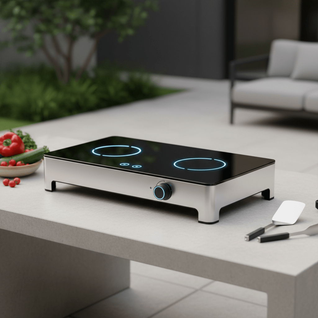 Sleek 2026 portable stove with glass and metal, glowing controls on a patio table.