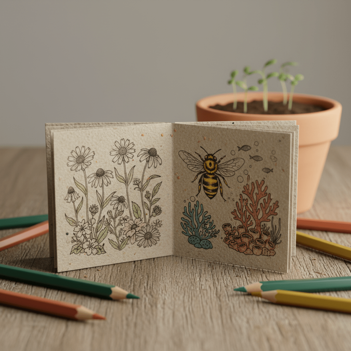 Open seed paper coloring books with wildflowers, bee anatomy, and coral reef drawings.