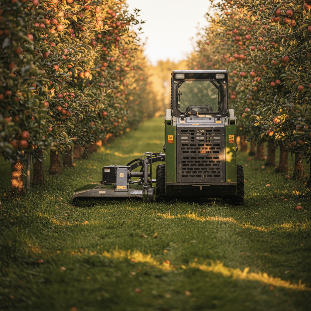Mini skid mower trims grass under fruit trees in a premium orchard with golden hour light.