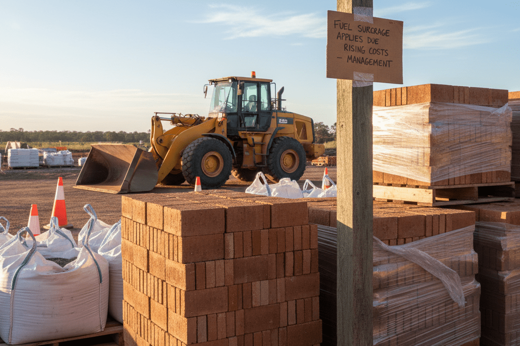 Pallets of bricks and cement bags at an Australian construction site under natural light, symbolizing supply chain disruptions and cost increases