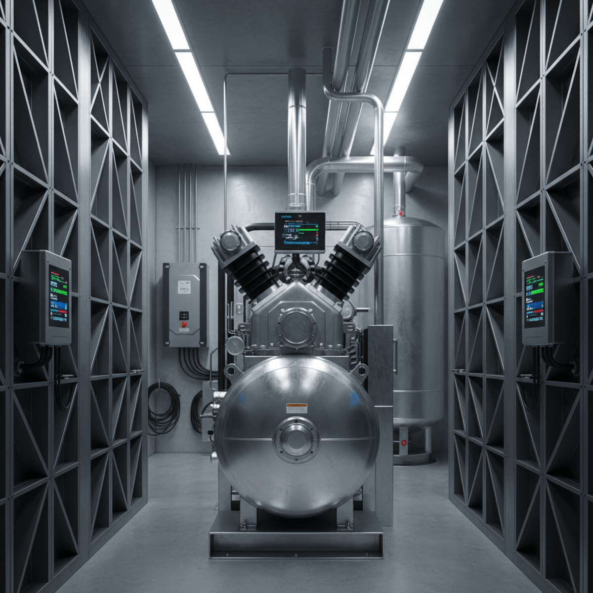 Massive industrial rotary screw air compressor in a futuristic utility room with digital sensors.