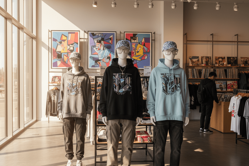 Well-lit retail display showcasing abstract K-pop inspired clothing and accessories under warm ambient lighting