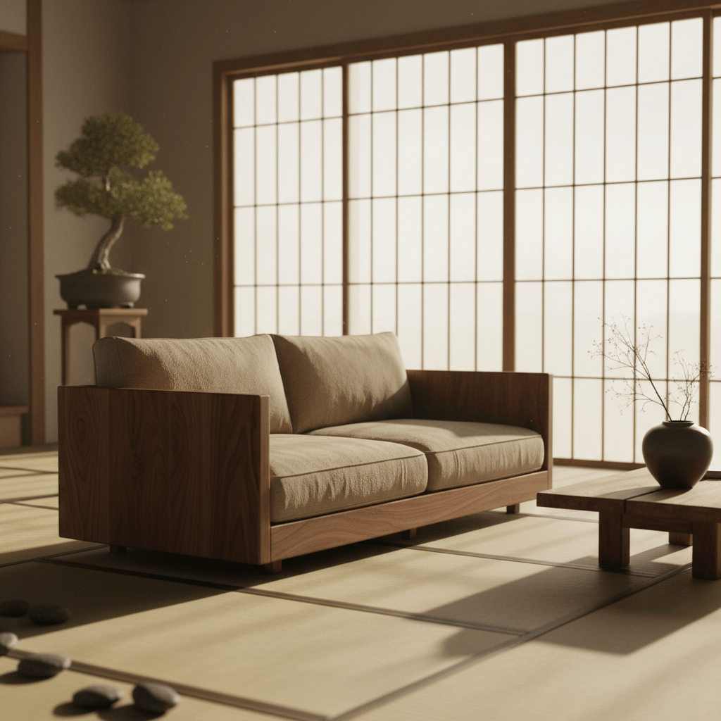 Low-profile sofa with wabi-sabi aesthetic and exposed walnut frame in a serene interior.