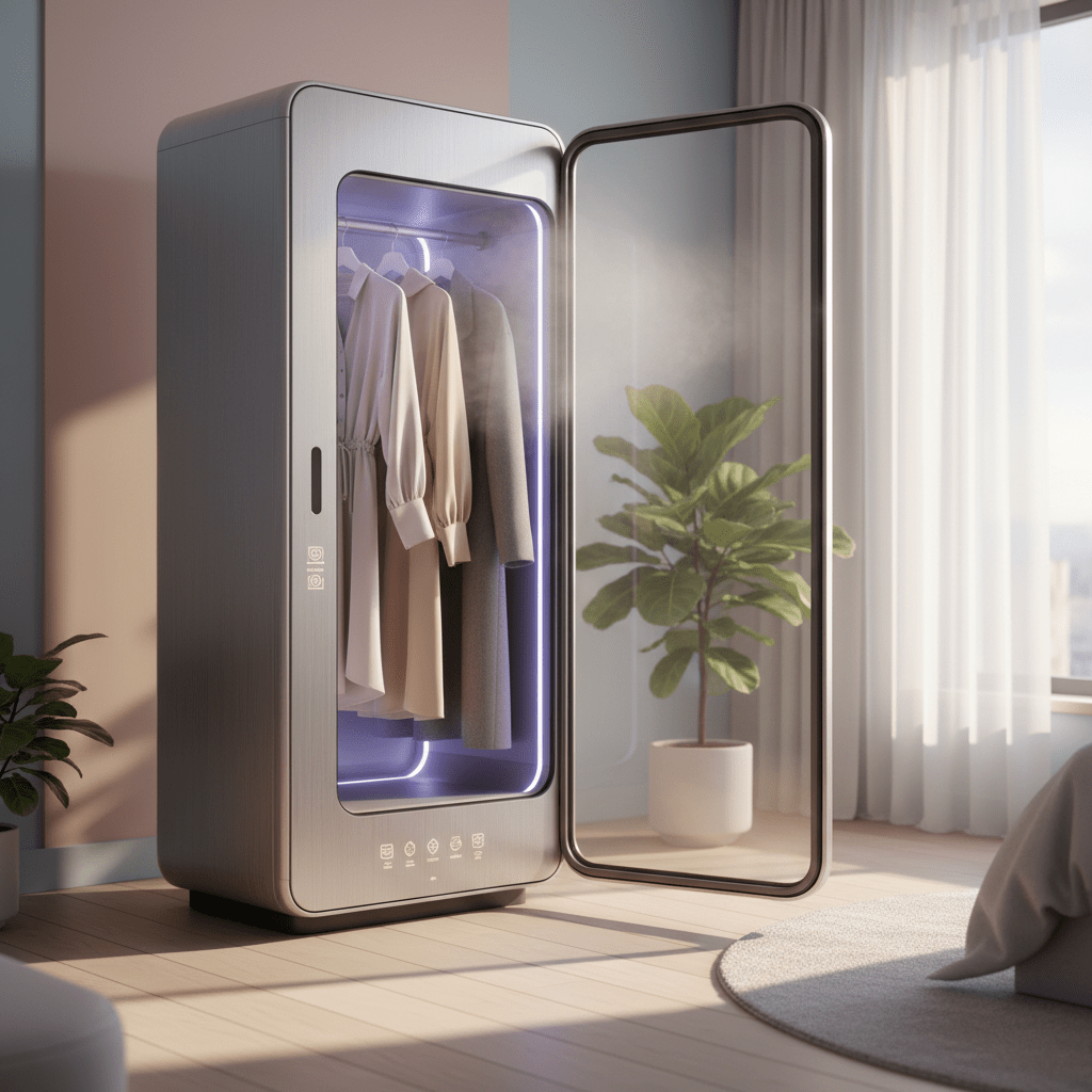 Futuristic ironing machine in a bright bedroom with silk blouses and wool coats.